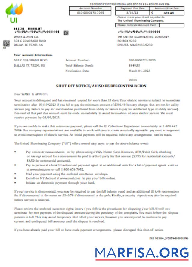 Printable Massachusetts Chelsea SCG The United Illuminating Company shut off notice business bill, SCR template